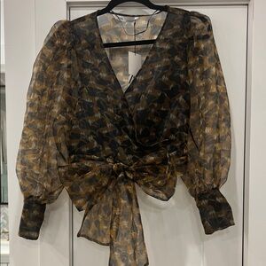 Zara Organza Sheer Wrap Top with Bow - Black and Brown - Size Small